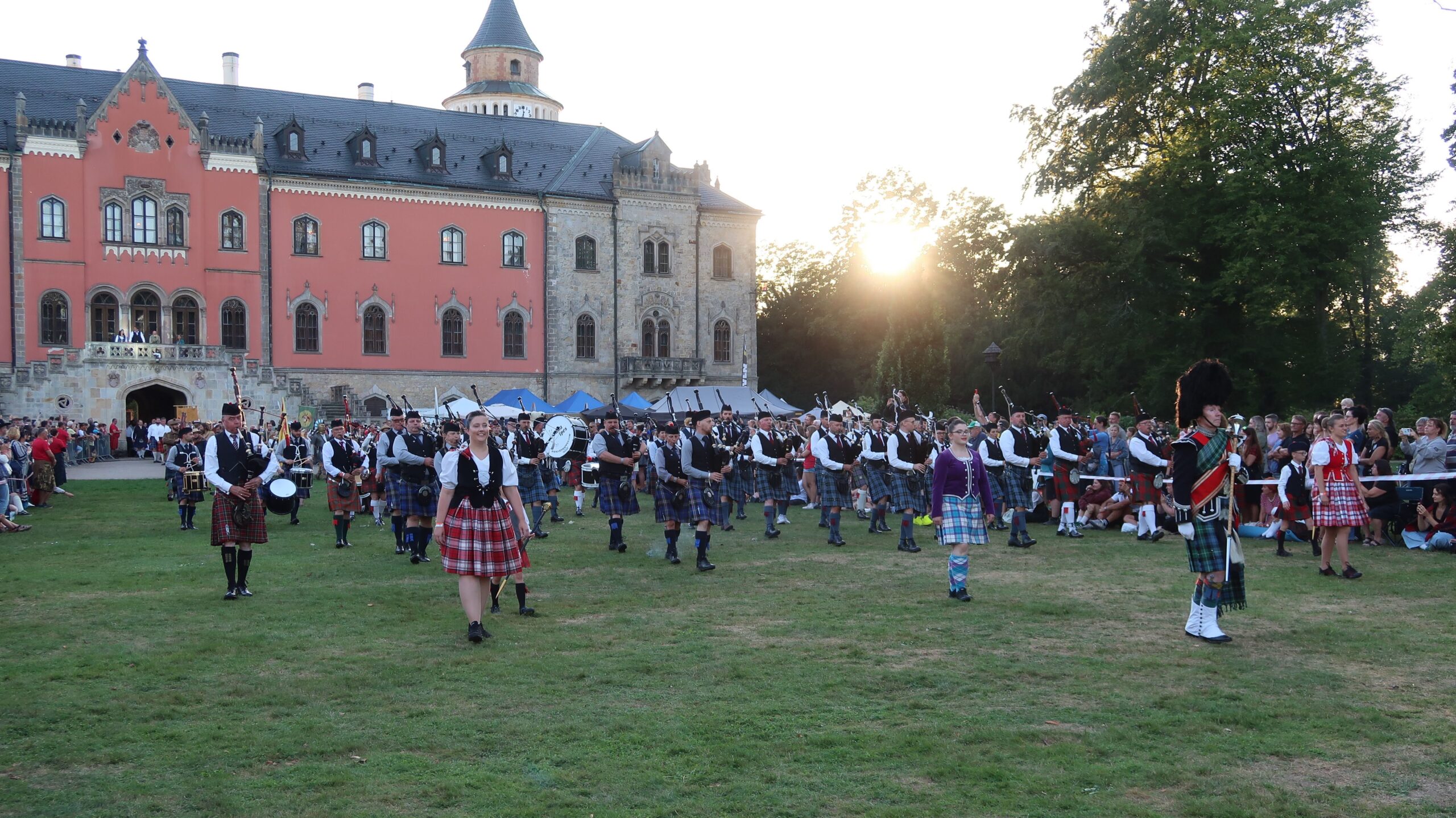 Massed band in front of castle